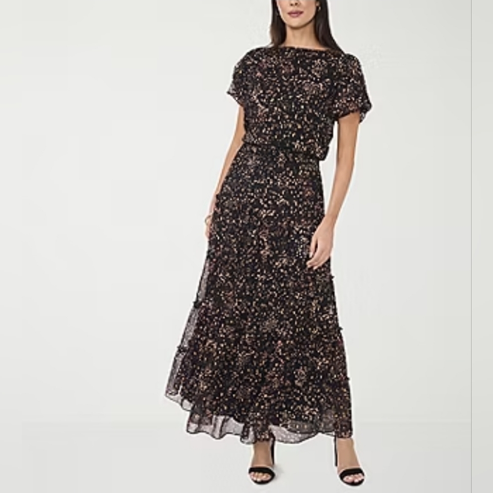 NWOT MSK Womens Short Sleeve Abstract Maxi Dress - Rich Black Plum Color